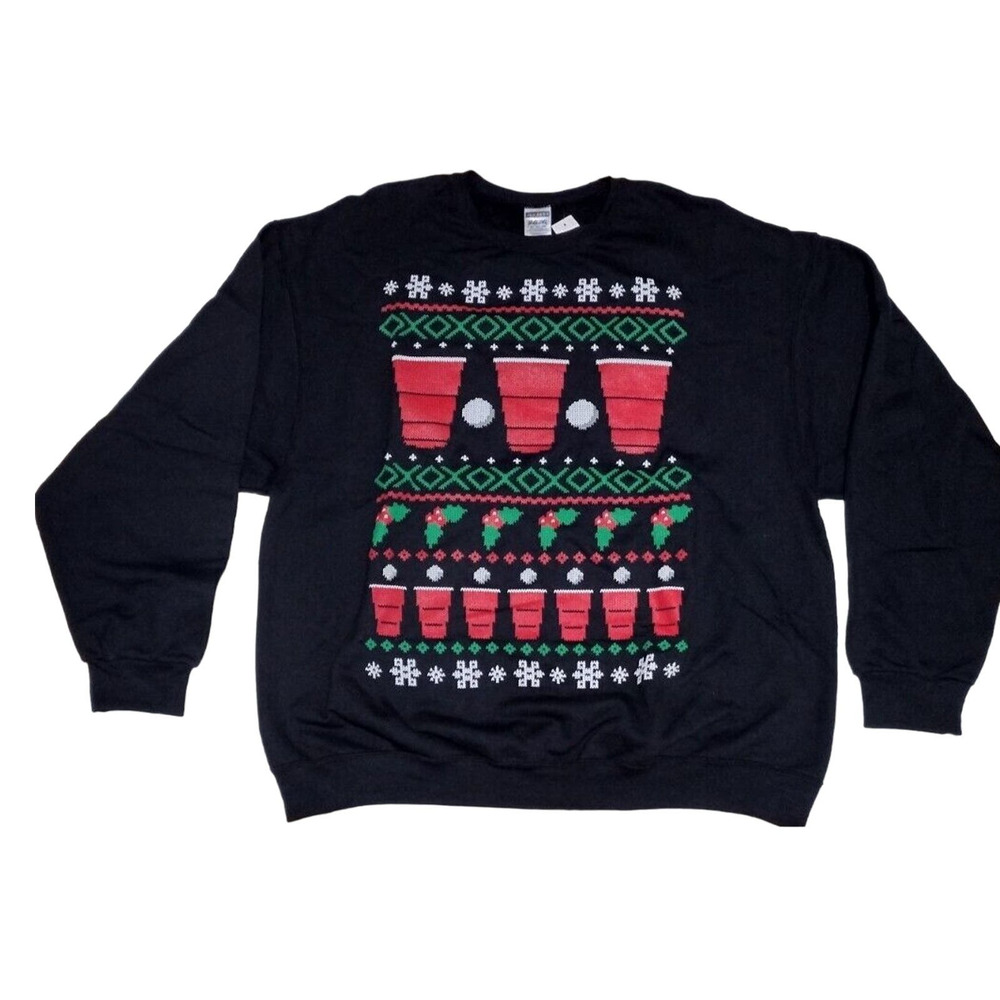 Men's Ugly Christmas Beer Pong Black Red Green Sweatshirt Size 2XL NWT